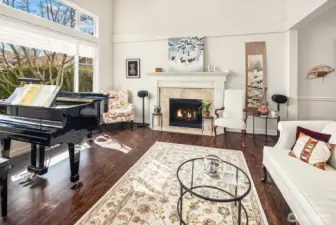 You will love this front living room with high ceilings, big dual pane picture windows, and gas fireplace!