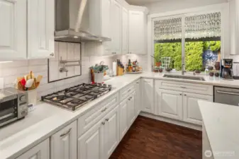 A wonderful Chef's Kitchen - notice the water arm / Pot Filler feature over the gas cooktop, and under the cabinet lighting!