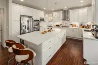 A larger and updated kitchen with pull out shelving, soft close hinges, pantry space, pendant lighting over the huge island, breakfast bar space, Quartz counters, French door refrigerator, dual wall ovens, microwave oven, and a large deep stainless stell sink