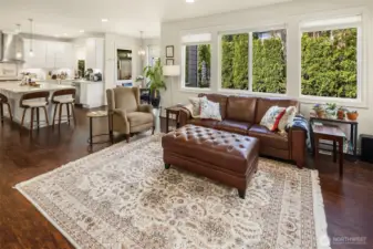The lovely family room view looking back into the kitchen area