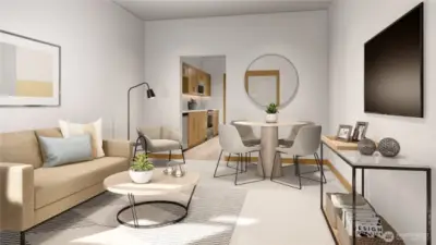 Living/Dining Room. This is an artists rendering and does not accurately depict interior finishes.