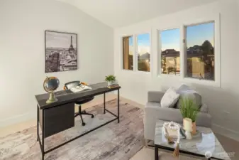 Primary suite with adjoining office — a private retreat where restful comfort meets focused work, bathed in morning light.