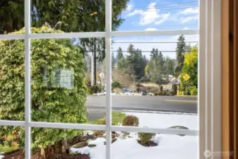 The large windows seamlessly blend the outdoors with the indoors, offering beautiful views of Martha Lake and the front yard.