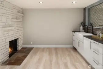 Daylight basement wet bar with reclaimed stained mirror from a Pioneer Square bank!