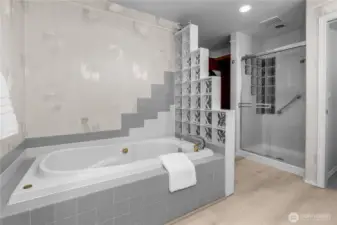 The primary bath also includes a large, jetted soaking tub and separate shower!