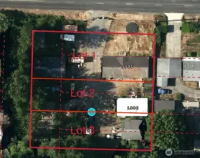 There are two existing lots. This conceptual sketch showing potential for a 3-lot segregation; lot lines are approximate.