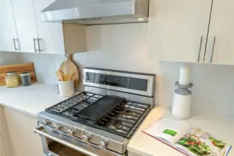 Gas range with full height quartz backsplash.