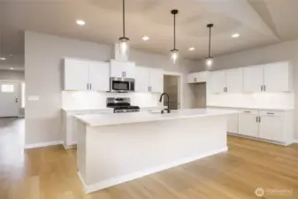 There is a large serving counter next to the walk-in pantry.