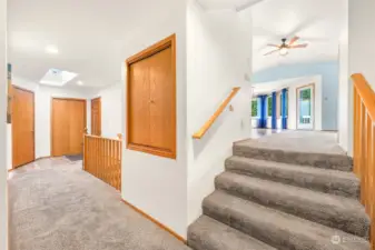 Stairs to laundry, powder room & primary suite