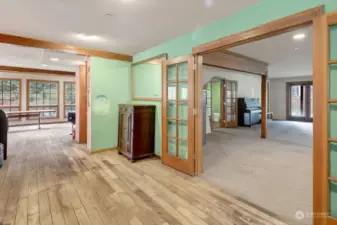 Entrance hall showing kitchen ahead, great room to the right.