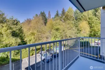 The deck looks out at the peaceful backdrop of nature. Beautiful trees give off the treehouse vibe.