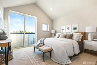 Photos of model home 9752 with similar finishes & floor plan. Your top-floor sanctuary awaits—vaulted ceilings, abundant light, and a private balcony that invites sunsets.