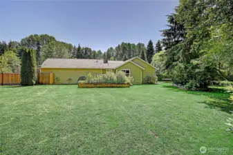 North side of home, large yard + raised garden beds