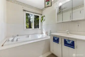 Large jacuzzi tub for soaking.