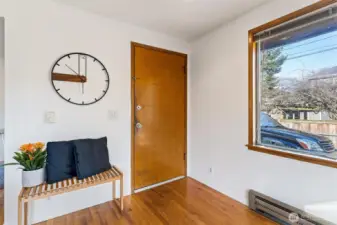 Front door with large picture window in livingroom