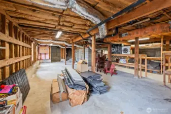 unfinished basement space, great for hobbies storage.