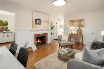 A masonry fireplace with tile hearth brings in the warmth on those chilly Seattle winter nights.