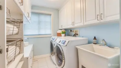 The separate utility room has tile floors, a deep sink for special wash or projects, plenty of cabinets and the washer and dryer remain with the home.