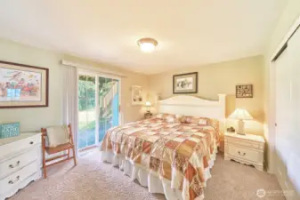 Large downstairs bedroom with slider to back patio looking out at the canal.