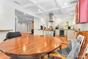 Kitchen and Dining area w cool box beams and lots of natural light
