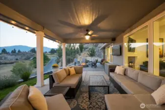 Twilight view of outdoor living area.
