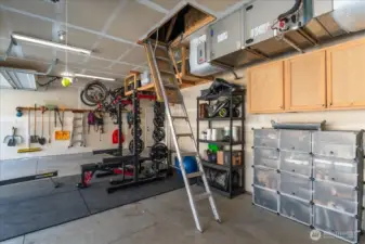Garage with attic storage.