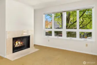 Wood-burning fireplace.