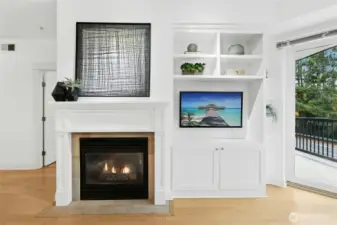 Gas Fireplace has a fan to that circulates heat, great for those chilly days!