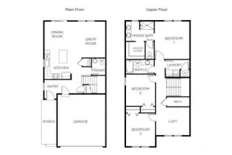 Floor plan layout showing the home's main and upper floor design including bedrooms, great room, kitchen, and garage. For illustration purposes and some variation may apply.