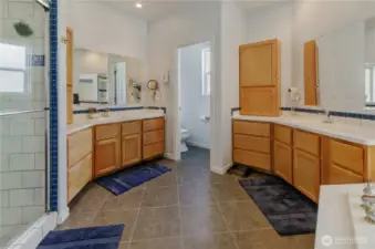 Water closet, separate vanities, tiled shower stall, and all the elbow room you could ask for in between