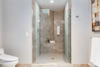 Custom fixtures, walk-in shower with bench seating...