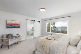 Barn door into the primary bath