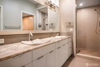 The Primary Bathroom offers a perfect blend of luxury and comfort, offering ample space to unwind in a serene, spa-like atmosphere.