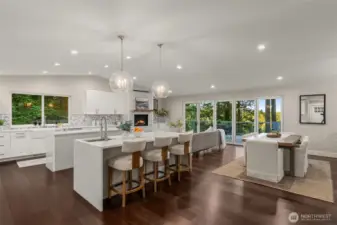Double quartz waterfall islands with 15ft. panoramic wall.