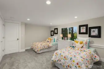 Secondary bedroom on the lower level is connected to a Jack and Jill bath.