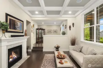 Boxbeam ceilings and gas fireplace in the front room create a peaceful atmosphere for intimate gatherings. The elevated space beyond provides a place for quiet pursuits.
