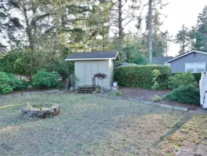 Firepit and Shed.