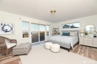Main Level bath Primary bath*Virtually Enhanced* Sliding door to the large deck.