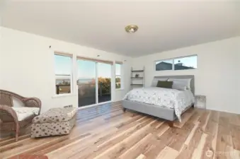 Main level primary with sliding door to the large deck, 3/4 bath, large walk-in closet and fireplace.