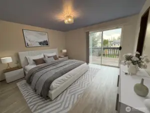 Primary bedroom with sliding doors to private deck and spiral staircase