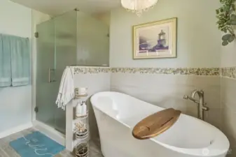 Primary Bathroom with Walk In Shower and Soaking Tub.