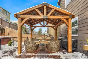 Solid wood gazebo for shade, cooking, firepit you name it!  Dark brown Trex boards (see under gazebo)