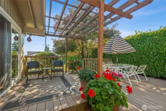 Spacious deck with pergola and lush greenery—an inviting retreat for outdoor dining, entertaining, or relaxation.