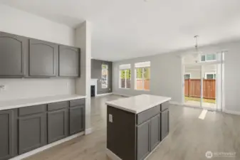 Kitchen, dining area and living room