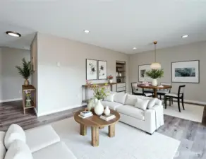 Living room view from corner near kitchen staged virtually