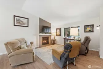 Comfortable living space with a clean, modern fireplace as the focal point.