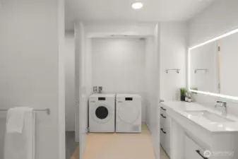 Bathroom features an in-unit Miele washer and dryer