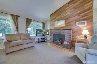Wood fireplace, in living room
