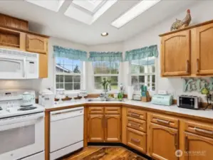 Chefs kitchen with nice appliances, skylights, and big windows.