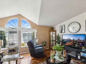 Vaulted ceilings and BIG windows.